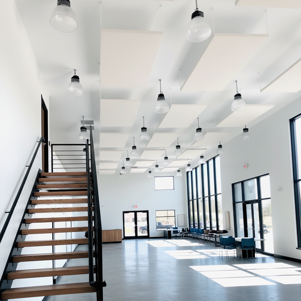 A bright, modern interior space with a wooden staircase on the left, large pendant lights, high coffered ceilings, and floor-to-ceiling windows. The room has a polished concrete floor and is styled as a school hall, lobby, or community center.